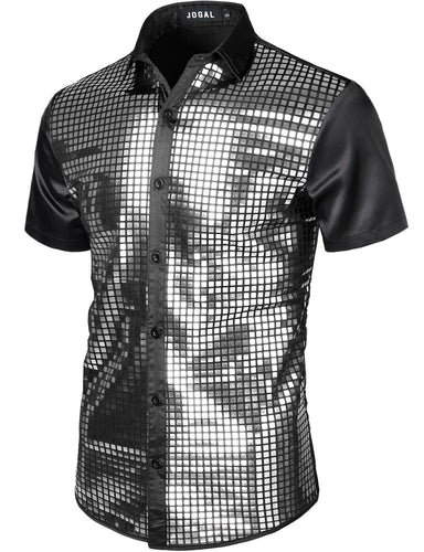 Men's Black/Silver Metallic Sequin Shiny Short Sleeve Short