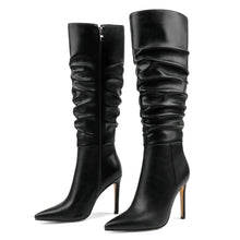 Load image into Gallery viewer, Black Slouchy Working Girl Stiletto Faux Leather Boots