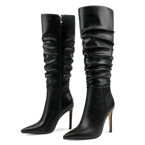 Black Slouchy Working Girl Stiletto Faux Leather Boots