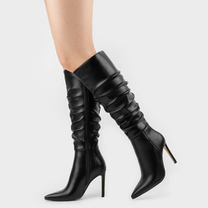 Black Slouchy Working Girl Stiletto Faux Leather Boots
