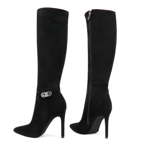 Black Suede Working Girl Stiletto Faux Leather Boots