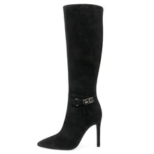 Load image into Gallery viewer, Black Suede Working Girl Stiletto Faux Leather Boots