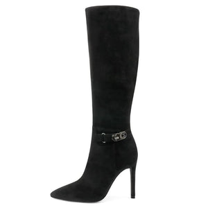 Black Suede Working Girl Stiletto Faux Leather Boots