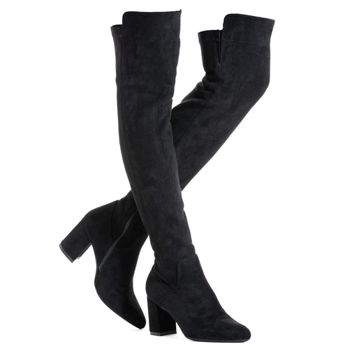 Black 3 Inch Heel Thigh High Suede Over The Knee Stretch Boot