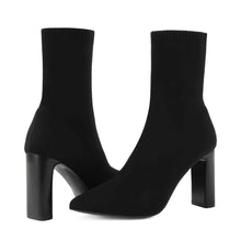 Load image into Gallery viewer, Black Chunky Heel Sock Style Ankle Boots
