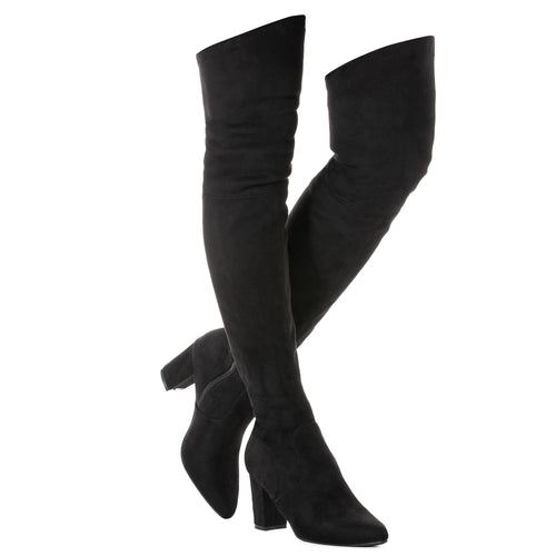 Black Elastic Band Thigh High Suede Over The Knee Stretch Boot