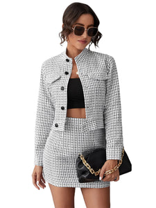 Black and White Plaid Tweed Blazer Jacket & Skirt Set