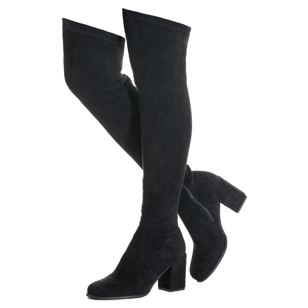 Block Heel Black Thigh High Suede Over The Knee Stretch Boot