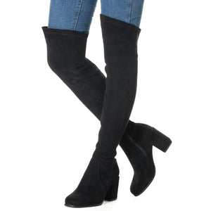 Block Heel Black Thigh High Suede Over The Knee Stretch Boot