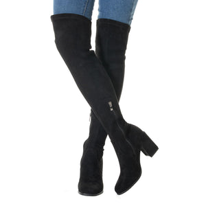 Block Heel Black Thigh High Suede Over The Knee Stretch Boot