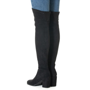 Block Heel Black Thigh High Suede Over The Knee Stretch Boot