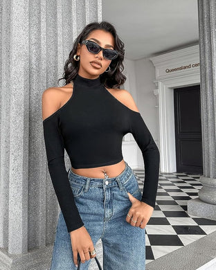 Knit Black Cut Out Long Sleeve Crop Top