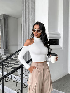 Knit White Cut Out Long Sleeve Crop Top