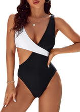 Load image into Gallery viewer, Black &amp; White High Cut Color Block One Piece Swimsuit