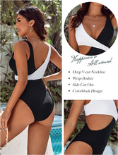Load image into Gallery viewer, Black &amp; White High Cut Color Block One Piece Swimsuit