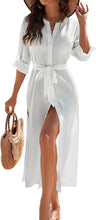 Load image into Gallery viewer, Beachy Belted Button Down White Long Sleeve Cover Up Dress