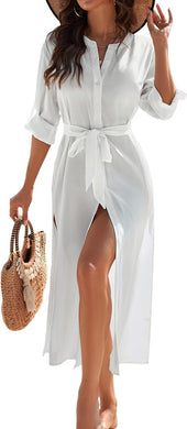 Beachy Belted Button Down White Long Sleeve Cover Up Dress