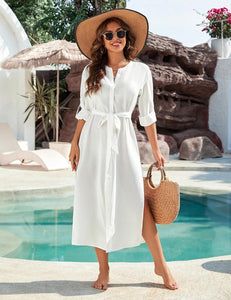 Beachy Belted Button Down White Long Sleeve Cover Up Dress