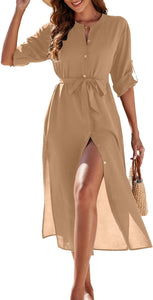 Beachy Belted Button Down Mocha Long Sleeve Cover Up Dress