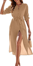 Load image into Gallery viewer, Beachy Belted Button Down White Long Sleeve Cover Up Dress