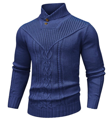 Men's Blue Shawl Collar Cable Knit Sweater