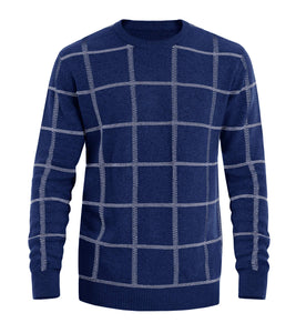 Men's Blue Plaid Soft Knit Long Sleeve Sweater