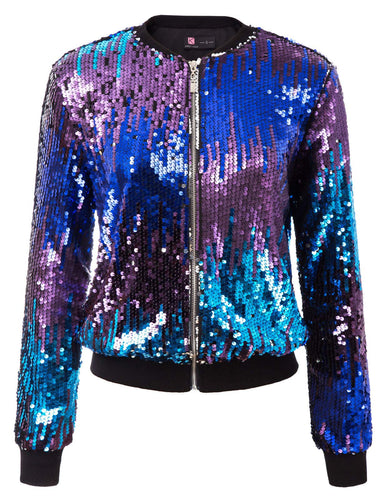 Blue Sequin Embellished Bomber Long Sleeve Jacket