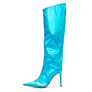 Fashion Forward Metallic Turquoise Knee High Stiletto Boots