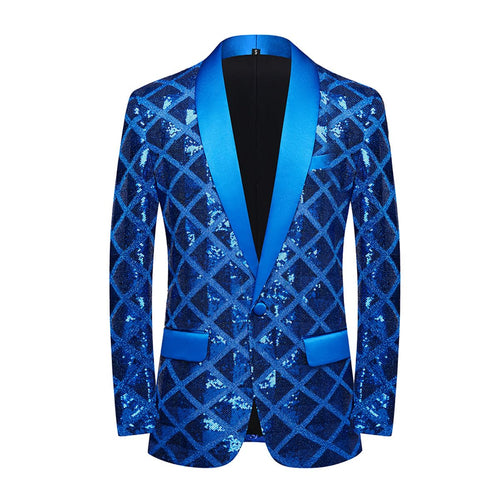 Men's Blue Diamond Sequin Long Sleeve Blazer