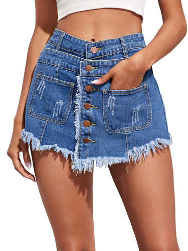 Blue Distressed Blue Denim Mini Skirt