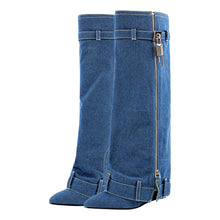 Load image into Gallery viewer, Blue Knee High fold Over Denim Boots