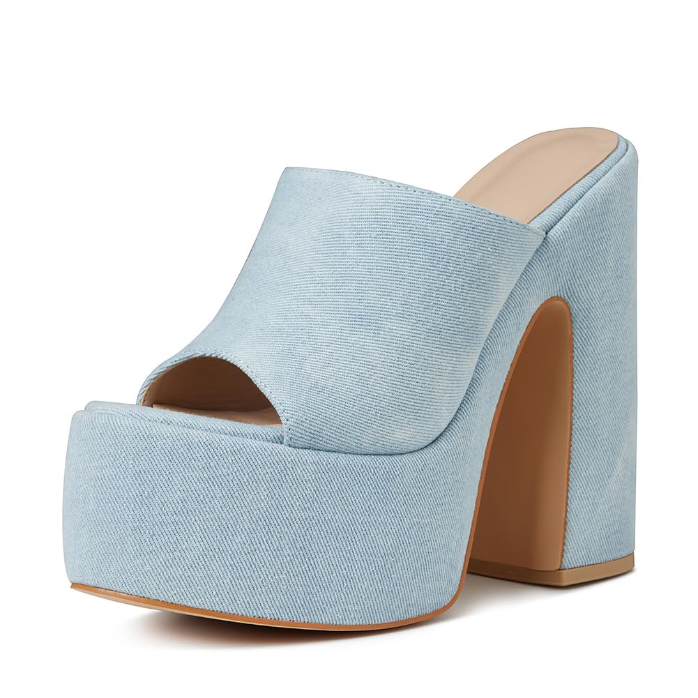 Denim Platform Chunky Heel Wedge Sandals