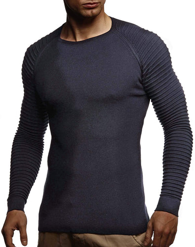 Navy Blue Men's Rippled Knit Long Sleeve Pullover Sweater