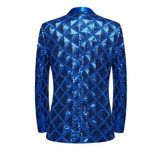 Men's Blue Diamond Sequin Long Sleeve Blazer