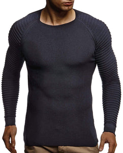 Navy Blue Men's Rippled Knit Long Sleeve Pullover Sweater