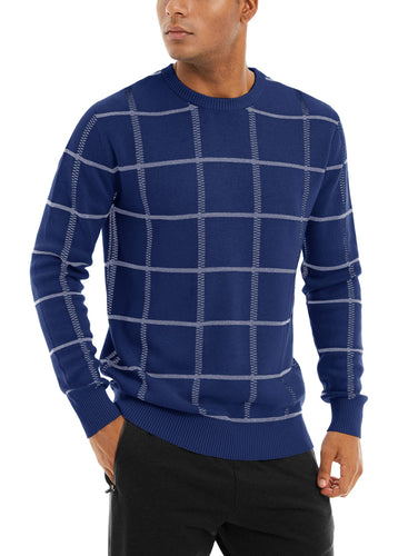 Men's Blue Plaid Soft Knit Long Sleeve Sweater