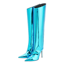 Load image into Gallery viewer, Fashion Forward Metallic Turquoise Knee High Stiletto Boots