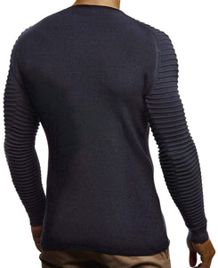 Navy Blue Men's Rippled Knit Long Sleeve Pullover Sweater