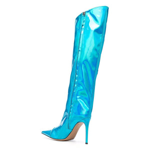Fashion Forward Metallic Turquoise Knee High Stiletto Boots