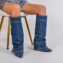 Load image into Gallery viewer, Blue Knee High fold Over Denim Boots