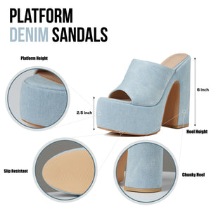 Denim Platform Chunky Heel Wedge Sandals