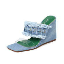 Load image into Gallery viewer, Blue Denim Open Toe Frayed Clear Wedge Sandals