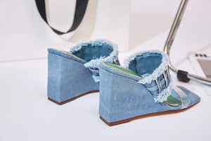 Blue Denim Open Toe Frayed Clear Wedge Sandals