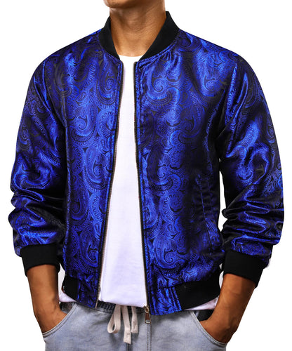 Blue Paisley Men's Designer Style Printed Bomber Jacket