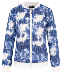 Blue White Sequin Embellished Bomber Long Sleeve Jacket