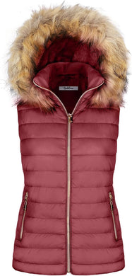 Warm Stylish Faux Fur Burgundy Red Puffer Zippered Sleeveless Vest