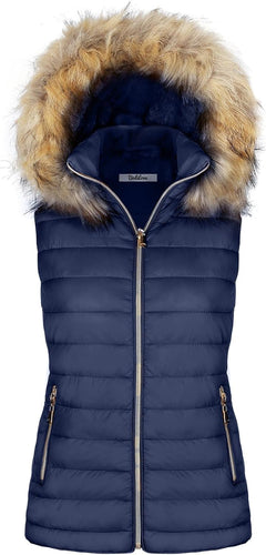 Warm Stylish Faux Fur Navy Blue Puffer Zippered Sleeveless Vest