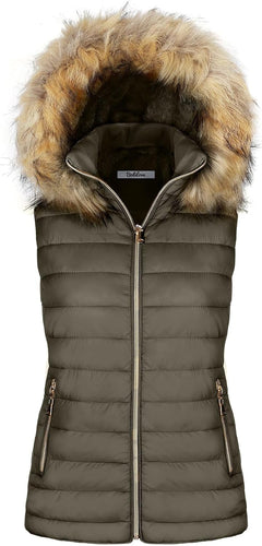 Warm Stylish Faux Fur Olive Green Puffer Zippered Sleeveless Vest