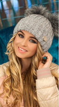 Load image into Gallery viewer, Light Grey Cable Knit Winter Warm Women&#39;s Fur Pom Pom Hat