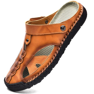 Zip Front Men's Brown Leather Anti-Slip Outdoor Sandals